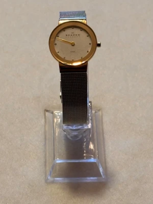 Skagen silverfärgad meshklocka - Minimalistisk klocka från Skagen med rund urtavla i silver och guldfärgad ram. Armbandet är i stilren meshdesign av metall i silver. Urtavlan har diskreta markeringar och tunna visare, vilket ger en clean och modern look.
