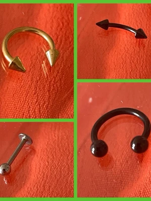 Olika piercing i metall svart/guld/silver - 1 st 79:-, 2 st 109, 3 st 149:-, 4 st 199:-                                    Man väljer färg och antal. Finns dessa modeller piercing i metall. Färgerna är guld, svart och silver. Designen varierar mellan ringar med kulor, ringar med konformade ändar och raka stavar med kula eller kon. Perfekt för dig som gillar att mixa stilar och former.