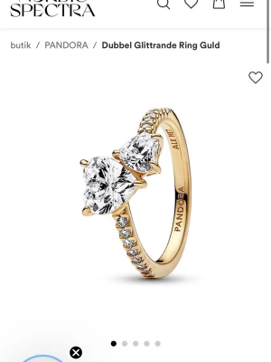 Pandora Dubbel Glittrande Ring Guld - Superfin ring från Pandora i guldplätering med två stora hjärtformade stenar och mindre gnistrande stenar längs bandet. 