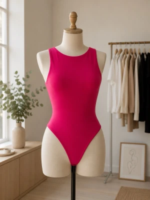 Rosa body med hög hals - Snygg och enkel body i starkt rosa färg med hög halsringning och högt skurna ben. Tillverkad i stretchigt material som sitter tight mot kroppen. Perfekt att styla med jeans eller kjol för en trendig look.