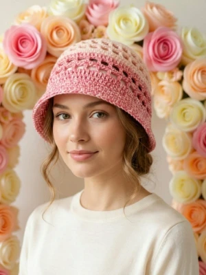 Rosa virkad bucket hat - Söt handvirkad bucket hat i olika nyanser av rosa. Hatten har ett luftigt mönster och mjuk form som ger en avslappnad vibe. Perfekt accessoar för att lyfta din outfit med en färgklick och unik stil.