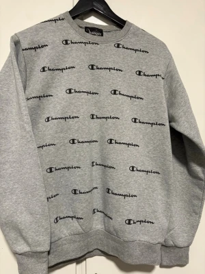 Grå sweatshirt med Champion-tryck - Denna är inte äkta! Grå sweatshirt från Hanger i storlek XL med all-over tryck av Champion-loggan i svart. Tröjan har rund halsringning, långa ärmar och ribbade muddar vid ärmslut och nederkant. Perfekt för en avslappnad och sportig stil.