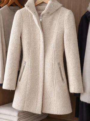 Beige ullkappa med dragkedjor - Stilren beige kappa i ullmix med struktur, hög krage och dragkedja framtill. Två snedställda fickor med silverfärgade dragkedjor ger en modern touch. Figurnära passform och helfodrad för extra värme. Perfekt för kyliga dagar.