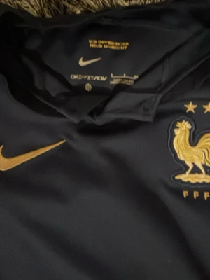Frankrike Nike fotbollströja blå - Mörkblå fotbollströja från Nike med Frankrikes landslagsmärke och två guldstjärnor på bröstet. Tröjan har guldfärgade detaljer, inklusive Nike-logga och tuppemblemet. Tillverkad i ett lätt och ventilerande material, perfekt för träning eller match.