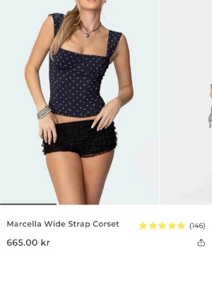 Mörkblå prickig korsett Marcella - Trendig mörkblå korsett med breda axelband och vita prickar från Marcella. Korsetten har fyrkantig urringning, figurnära passform och dragkedja bak. Perfekt för dig som vill ha en snygg och bekväm look. Materialet ser ut att vara bomullsblandning.