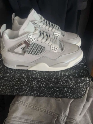 Gråa Air Jordan 4 frozen moments sneakers - Snygga Air Jordan 4 sneakers i ljusgrå och vita toner med meshpaneler och detaljer i silver. Skorna har klassisk snörning, vadderad plös och sula med synlig luftdämpning. Materialmix av mocka, läder och syntet för en clean och modern look.