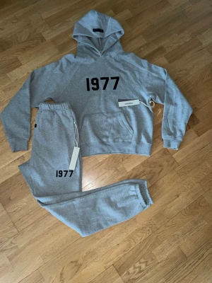 Grå Essentials hoodie med tryck - Snygg grå hoodie från Essentials med svart '1977'-tryck på bröstet. Klassisk känguruficka framtill och huva. Tillverkad i mjukt bomullsmaterial som känns skönt mot huden. Perfekt för en avslappnad streetwear-look.