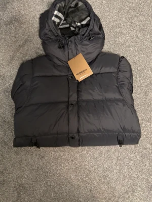 Svart dunjacka från Burberry - Snygg svart dunjacka från Burberry med klassisk rutig huva i grått och vitt. Jackan har dragkedja och knappar framtill, två snedställda fickor med dragkedja och justerbar huva. Perfekt för kalla vinterdagar och riktigt stilren.