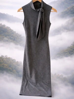 Grå ärmlös klänning med knyt - Stilren grå klänning i mjukt material med hög krage och dekorativ knytrosett vid halsen. Ärmlös design och rak passform som slutar strax under knät. Perfekt för dig som gillar minimalistisk och elegant stil.