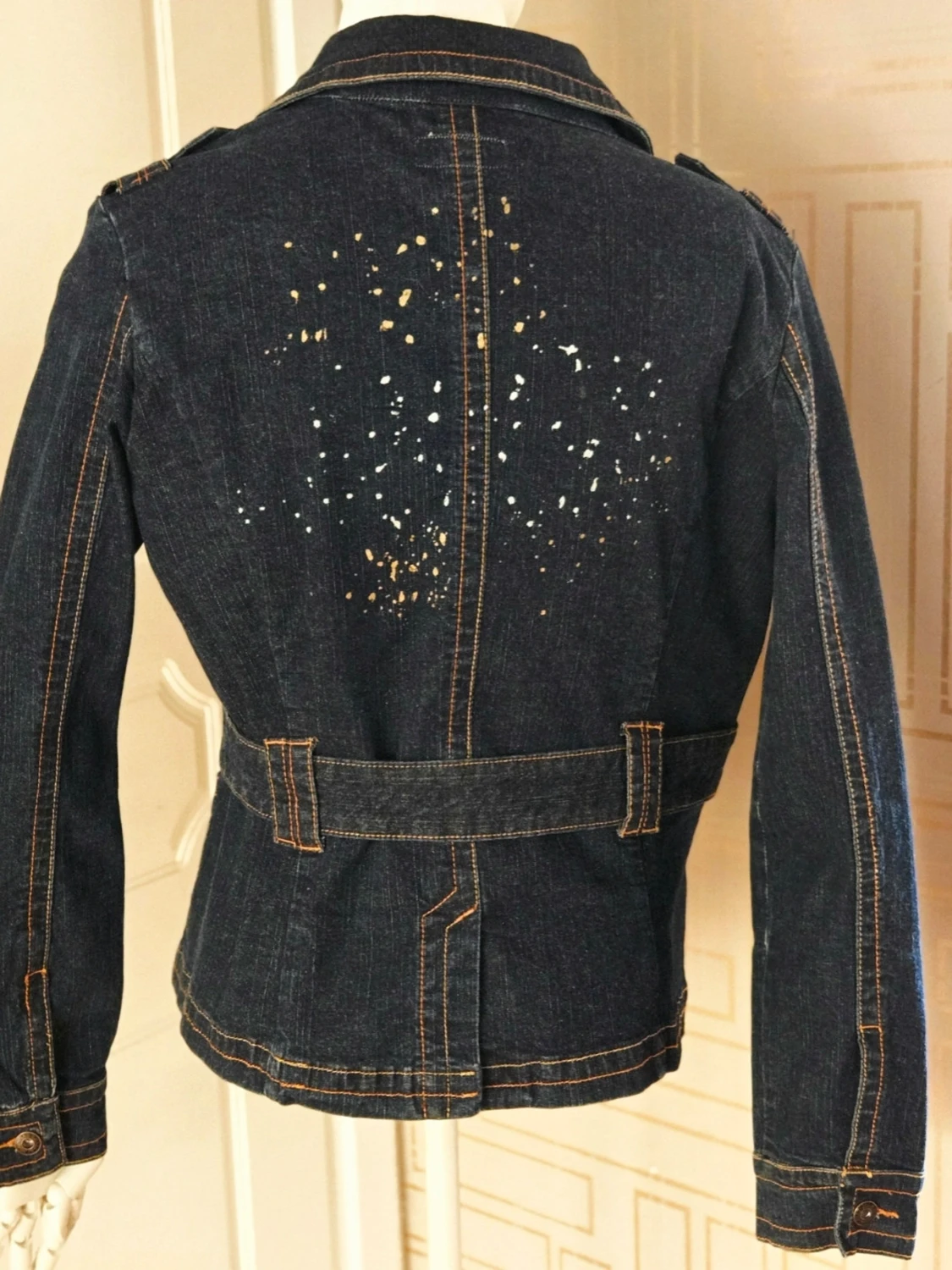 Baby Phat ÄKTA-Jeans Jacket-Y2K Gold Metallic Paint Splattered Stl XL, liten stl  - 2