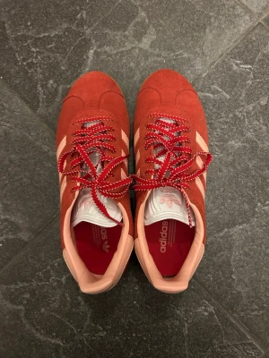 Adidas Gazelle röda sneakers - Oanvända Snygga Adidas Gazelle sneakers i rött mocka med klassiska vita ränder på sidorna och ljusrosa detaljer. Skorna har röda och vita snören, gummisula och låg profil. Verkar vara slut hos leverantörer, nypris 1245 hos Zalando.
