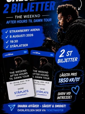 Säljer 2 ståplatser till The Weeknd – Stockholm  - 2x ståplatser till The Weeknd 8 aug på Strawberry Arena 🎤 Lägsta pris: 1850 kr/st 💸 Överlåtelse via Ticketmaster – trygg affär ✅ Först till kvarn! DM vid intresse 📩