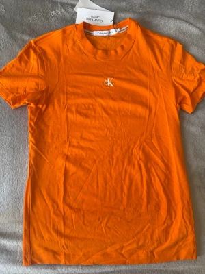 Orange t-shirt från Calvin Klein Jeans - Snygg orange t-shirt från Calvin Klein Jeans med klassisk rund hals och korta ärmar. T-shirten har en vit CK-logga broderad på bröstet och är tillverkad i mjuk bomull. Perfekt för dig som vill sticka ut med färg.