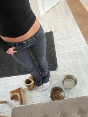 Mörkgrå bootcut jeans - Säljer ett par mörkgrå bootcut jeans med låg midja och klassisk femficksmodell. Jeansen har en snygg tvätt och raka ben som går ut lite nedtill.