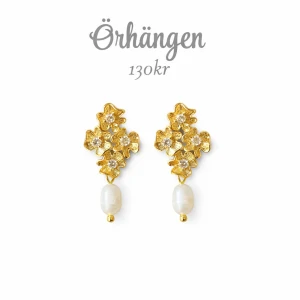 Guldiga blommiga örhängen med pärla - Par