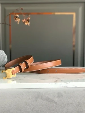 Brunt skärp med guldspänne från Celine - Snyggt brunt skärp från Celine i skinn med ikoniskt guldfärgat spänne. Bältet har vita kontrastsömmar och en stilren, klassisk design som passar till många olika outfits. Perfekt accessoar för att lyfta din look.