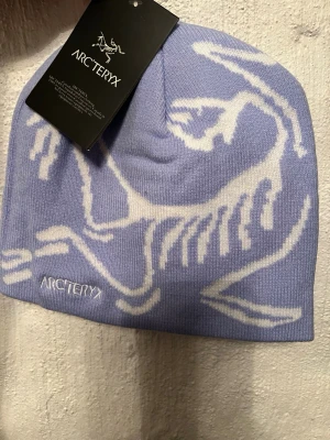 Ljuslila mössa från Arc'teryx - Snygg ljuslila mössa från Arc'teryx med vit grafisk dinosaurie-design och broderad logga framtill. Tillverkad i mjukt, stickat material som sitter skönt på huvudet. Perfekt för dig som vill ha en stilren och unik accessoar till vintern.