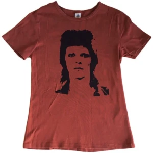 David Bowie band tröja/ graphic tee/ T-shirt med tryck, rock/ 60s/ 60tal/ 70tal/ 70s/ vintage/ retro/ vårkläder  - Röd/orange T-shirt med mörklila David Bowie tryck på & detaljer vid kragen och ärmarna! 100% bomull 