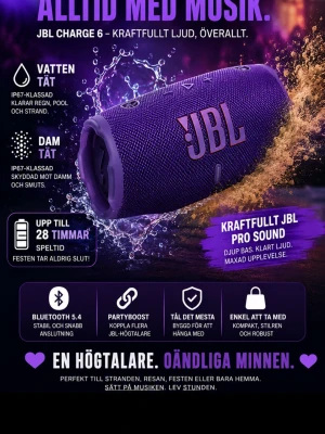 JBL Charge 6 bärbar högtalare lila - JBL Charge 6 är en kraftfull bärbar högtalare i lila med robust tygmaterial och gummidetaljer. Den har IP67-klassning, klarar vatten och damm, Bluetooth 5.4, upp till 28 timmars speltid och JBL Pro Sound med djup bas. Perfekt för att ta med överallt tack vare kompakt och tålig design.