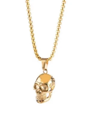 Guldigt halsband med dödskallehänge - Snyggt halsband i guldfärgad metall med ett detaljerat dödskallehänge. Kedjan har en boxlänk och hänget är tredimensionellt och polerat för en cool och edgy look. Perfekt accessoar för dig som gillar statement-smycken och vill sticka ut. Finns i flera färger 