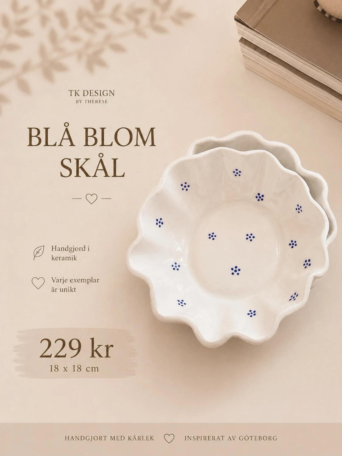 1 st Vit skål med blå blommor
