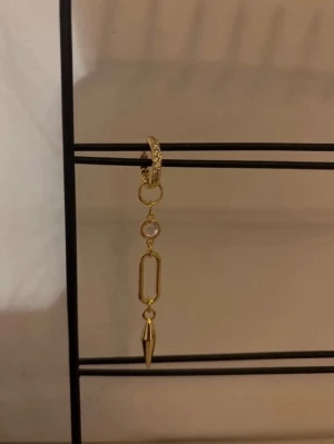 Guldigt hängeörhänge - Säljer ett trendigt örhänge i guldton med hängande detaljer. Örhänget har en rund creol med små gnistrande stenar, en klar kristall, en avlång länk och en spetsig droppe längst ner. Perfekt för dig som gillar statement-smycken och modern design.