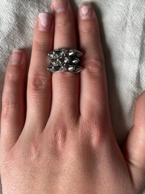 Silvrig ring med nitar - En silvrig Edblad ring i storleken 16.80. Ringen har 14 stycken små nitar. Perfekt till dig som vill ge din outfit en extra liten detalj.