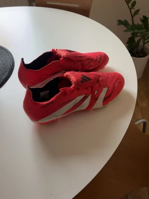 Adidas Predator röda fotbollsskor - Säljer ett par röda Adidas Predator fotbollsskor med vita och svarta detaljer. Skorna har klassisk låg profil, snörning och syntetmaterial för bra grepp på planen. Ikoniska tre ränder på sidan och Predator-logga. Perfekta för dig som vill sticka ut på fotbollsplanen.