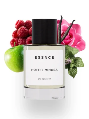 ESSNCE Hotter Mimosa  - Upptäck Hotter Mimosa från ESSNCE – en parfym i en stilren, genomskinlig glasflaska med svart lock. Doften har fräscha inslag av grönt äpple, hallon, ros, vanilj och mimosa. Perfekt för dig som gillar fruktiga och blommiga toner.
