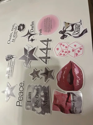 Stickerpaket med rosa och svart motiv - Säljer ett stickerpaket med flera olika motiv i rosa, svart och silver. Innehåller läppar, stjärnor, tärningar, citat och grafiska element. Perfekt för att dekorera laptop, mobil eller anteckningsbok. Materialet är vinyl och klistermärkena har olika former och storlekar.