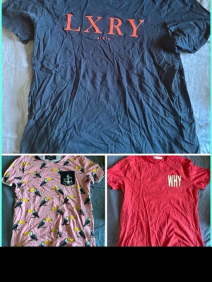 3 st tshirts med tryck - Röd: Zara, S/M Rosa: Blount & pool, fåglar, M Mörkblå: new yorker tror jag, M