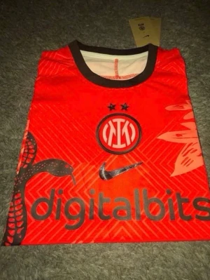 Röd Inter Nike matchtröja - Snygg röd matchtröja från Inter med svart ormmotiv och klubbmärke på bröstet. Tröjan har svart Nike-logga och sponsortryck 'digitalbits' framtill. Rund halsringning med svart kant och coola grafiska detaljer över hela plagget.