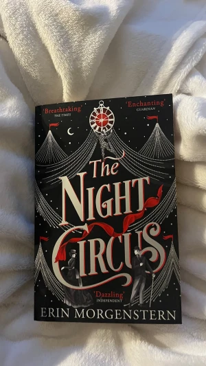 The Night Circus av Erin Morgenstern - En magisk och fantasifull roman med svart omslag, vita och röda detaljer samt illustrationer av cirkusmotiv. Boken är på engelska och har ett snyggt, konstnärligt tryck med titeln i stora bokstäver. Perfekt för dig som gillar mystik och äventyr.