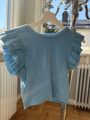 Blå ribbad topp med volangärmar - Säljer en ljusblå ribbad topp med breda volangärmar. Toppen har rund halsringning och är croppad i modellen, vilket ger en trendig och ungdomlig look. Perfekt för dig som vill ha något extra till din outfit!