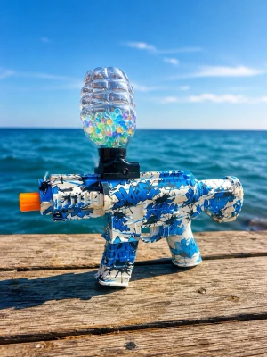 Blå och vit gelblaster med graffiti - Cool gelblaster i blått och vitt med graffitiinspirerat mönster. Utrustad med genomskinlig behållare fylld med färgglada gelkulor och orange mynning. Perfekt för utomhuslekar och vattenkrig med vänner.