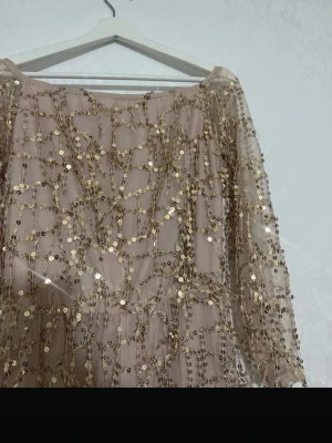 Beige topp med guldpaljetter och spets - Säljer en beige topp med transparent mesh och massor av guldpaljetter och pärlbroderier. Toppen har långa ärmar och fina spetsdetaljer vid nederkanten. Perfekt för dig som vill sticka ut med en glittrig och unik look.