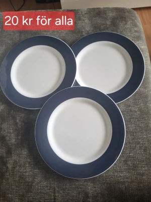 Tre vita plast tallrikar med blå kant - Säljer tre runda tallrikar i plast med vit mitt och bred mörkblå kant. Perfekta till vardagsmiddagar eller fika. Klassisk och enkel design som passar de flesta kök.