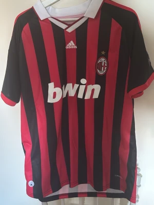 AC Milan Ronaldinho matchtröja - Säljer en klassisk AC Milan matchtröja från Adidas med Ronaldinho och nummer 80 på ryggen. Tröjan har röda och svarta vertikala ränder, vit krage och Bwin som sponsor på bröstet. Perfekt för dig och vill ha en ikonisk fotbollströja.