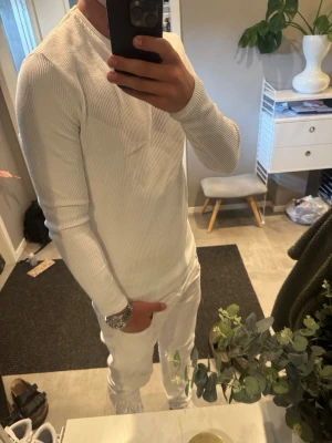Vit ribbad långärmad tröja från zara - Säljer en riktigt stilren långärmad tröja från zara, storlek L och passar modellen på ca 75kg och 187 cm bra