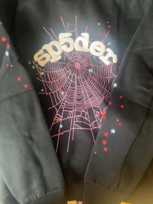 SP5DER hoodie - Säljer en svart hoodie i 100% bomull med ett stort rosa spindelnätsmotiv och texten 'sp5der' på bröstet. Ärmarna är dekorerade med små röda och blå stjärnor. Hoodien har ribbade muddar och en avslappnad passform, perfekt för dig som gillar streetwear och unika prints.