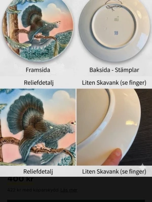 Rund porslinstallrik med fågelmotiv - Säljer en rund dekorativ tallrik i porslin med upphöjda reliefdetaljer. Motivet föreställer en fågel på en gren med blå, gröna och bruna nyanser mot en pastellrosa och blå bakgrund. Tallriken har stämplar på baksidan och är perfekt som prydnad.