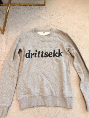 Grå sweatshirt med texten drittsekk - Säljer en grå sweatshirt i storlek XS med svart tryck 'drittsekk' på bröstet. Tröjan har rund hals, ribbade muddar vid ärmslut och nederkant samt mjukt, fluffigt innerfoder. Perfekt för dig som gillar statement-plagg och vill ha något bekvämt.