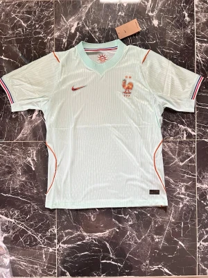 Ljusblå Nike fotbollströja Frankrike - Snygg ljusblå fotbollströja från Nike med Frankrikes landslagsemblem och två stjärnor på bröstet. Tröjan har röda och blå detaljer, V-ringad krage och korta ärmar. Tillverkad i ett lätt och ventilerande material, perfekt för träning eller match.