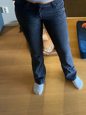 Svarta bootcut jeans lee modell Jessica  - W 27, L 33. Nypris 1100kr. Säljer ett par svarta bootcut jeans med klassisk femficksdesign och normal midja. Jeansen har raka ben som är lätt utsvängda nedtill och stängs med knapp och dragkedja. Materialet är mjukt denim som sitter bekvämt och passar till många olika stilar.