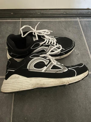 Svarta och vita  sneakers - Säljer ett par svarta och vita sneakers med chunky sula och vita snören. Skorna har mesh och syntetdetaljer samt tydliga loggor på plösen och sidan. Snygg retrostil med kontrasterande paneler och sportig vibe.