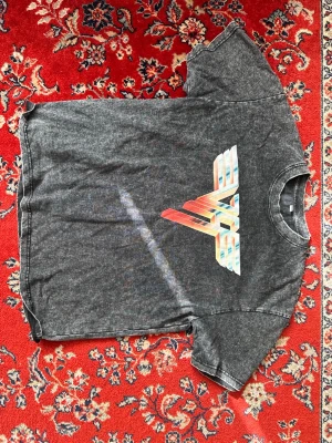 Grå vintage Van Halen t-shirt - Säljer en grå vintageinspirerad t-shirt med Van Halens ikoniska logga i färg på bröstet. T-shirten har korta ärmar, rund hals och en tvättad look som ger en cool retro vibe. Perfekt för dig som gillar bandmerch och streetstyle.