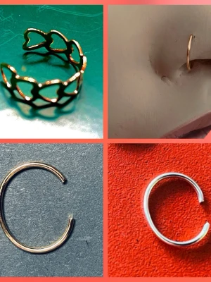 3 näsringar guld silver och guldiga hjärtan -  Två är tunna ringar i silver- och guldfärg, en är en öppen ring med hjärtdetaljer i guldton och en är en enkel, tunn guldfärgad ring. Perfekta för dig som gillar stilrena accessoarer.