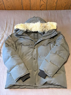 Grå dunjacka med fuskpäls på huvan - Snygg grå dunjacka med stor huva och fuskpälsdetalj. Jackan har dragkedja och knappar framtill, två stora fickor och muddar vid ärmsluten. Perfekt för kalla vinterdagar och riktigt varm. Fins med original påse kan pruta bel lite 