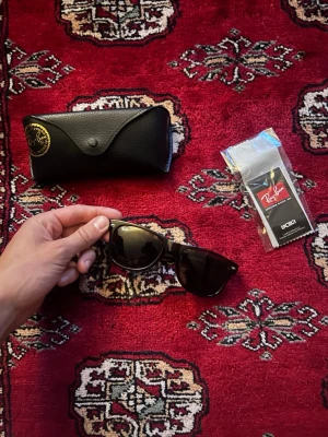 Svarta Ray-Ban Wayfarer solglasögon - Klassiska svarta Ray-Ban Wayfarer solglasögon med tidlös design. Bågarna är i blank svart plast och glasen är mörka. Kommer med originalfodral och putsduk. Perfekta för dig som vill ha en ikonisk look och skydda ögonen mot solen.