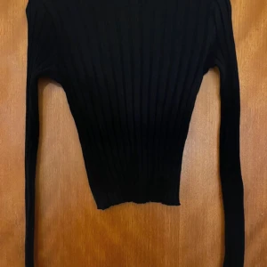 Svart ribbad tröja från Zara - Säljer en svart ribbad tröja från Zara i storlek M. Tröjan är långärmad och har en tight passform, men den har mycket stretch och är bekväm att ha på sig. Katt finns i hemmet, men allt jag säljer är nytvättat och rollat✨